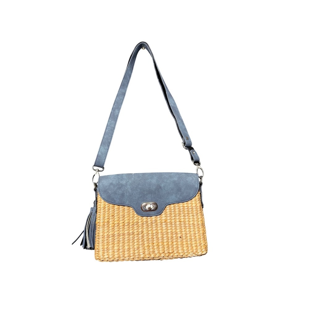 Sea & Grass Crossbody Bag Women Small Blue Excellent Tassel Straw Woven Boho